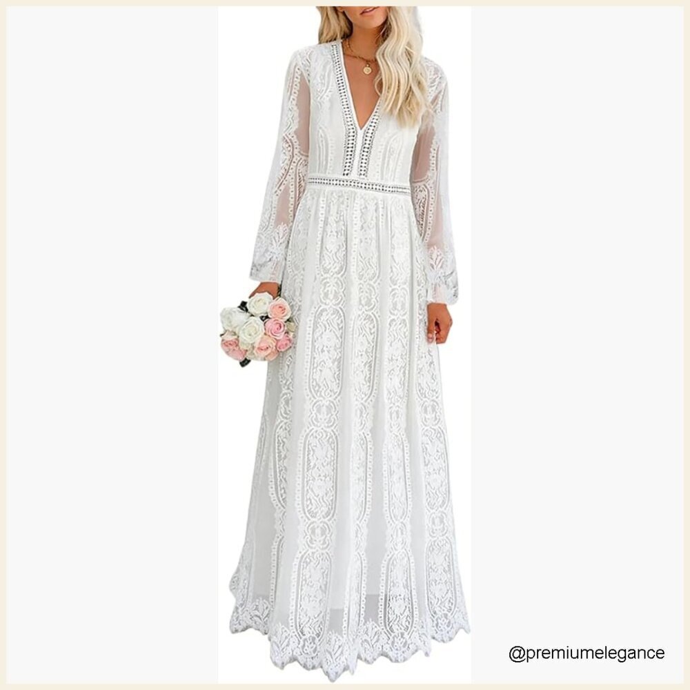 Long Sleeve Maxi Wedding Dress Floral Lace Off Shoulder Formal Gown